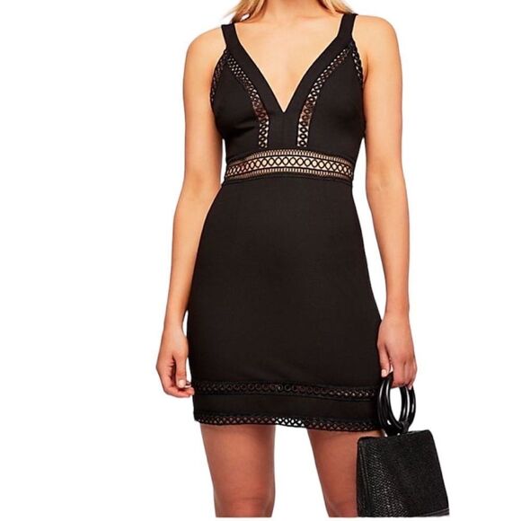 Free People Black Mini Dress Iris Crochet Trim Mini Dress New Size 8 - Picture 1 of 16